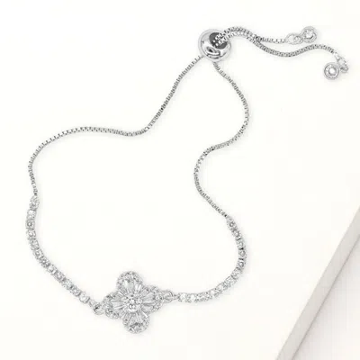Fashnzfab Quatrefoil Cz Stone Accent Pull Tie Adjustable Bracelet In Silver