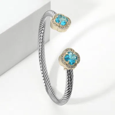 Fashnzfab Quatrefoil Cz Stone Tip Twisted Cuff Bracelet - Blue