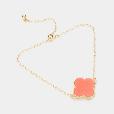 Fashnzfab Quatrefoil Druzy Adjustable Pull Tie Bracelet Coral, Neon In Pink