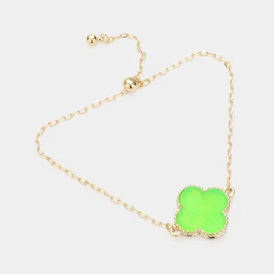 Fashnzfab Quatrefoil Druzy Adjustable Pull Tie Bracelet Green, Neon In Gold