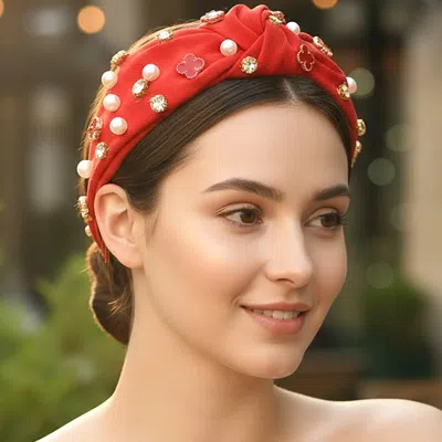 Fashnzfab Quatrefoil Pearl Stone Charm Embellished Knot Wide Headband In Gold