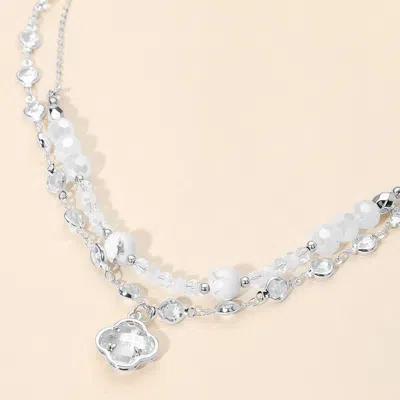 Fashnzfab Quatrefoil Pendant Accent Dual Layer Beaded Necklace - Clear, Rhodium In Multi