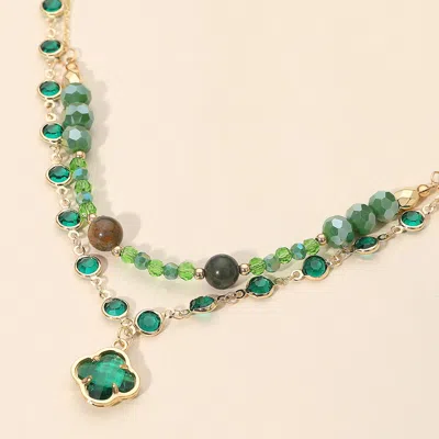 Fashnzfab Quatrefoil Pendant Accent Dual Layer Beaded Necklace - Emerald, Gold In Multi
