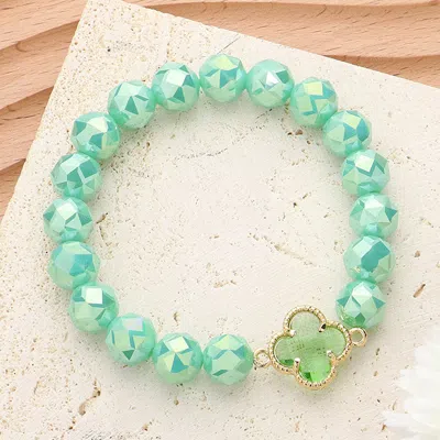 Fashnzfab Quatrefoil Pointed Faceted Beaded Stretch Bracelet Gold, Mint, Opal In Green