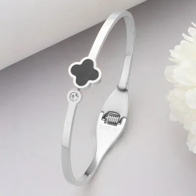 Fashnzfab Quatrefoil Pointed Stainless Steel Hinged Bangle Bracelet Black, Silver In Multi