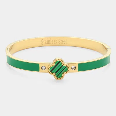 Fashnzfab Quatrefoil Pointed Stainless Steel Hinged Bracelet Gold, Green In Multi