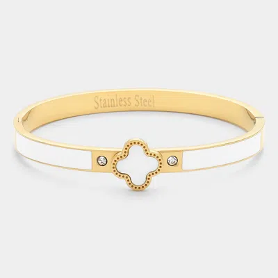 Fashnzfab Quatrefoil Pointed Stainless Steel Hinged Bracelet Gold, White