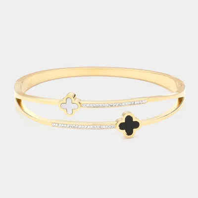 Fashnzfab Quatrefoil Stone Paved Stainless Steel Hinged Bracelet In Gold