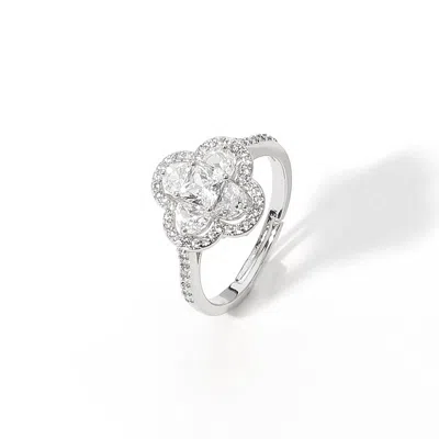 Fashnzfab Quatrefoil Stone Pointed Adjustable Ring In Silver