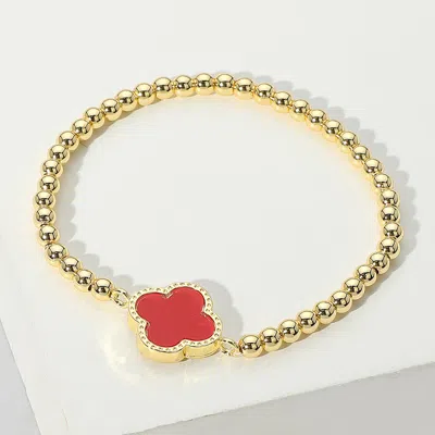 Fashnzfab Quatrefoil Stone Pointed Stainless Steel Ball Beaded Stretch Bracelet - Gold, Red In Multi
