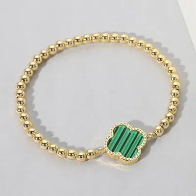 Fashnzfab Quatrefoil Stone Pointed Stainless Steel Ball Beaded Stretch Bracelet Gold, Green In Multi
