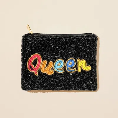 Fashnzfab Queen Message Seed Beaded Mini Pouch Bag In Black