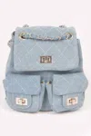 Fashnzfab Quilted Denim Double Pocket Front Backpack In Blue