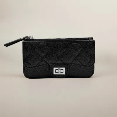 Fashnzfab Quilted Faux Leather Compact Card Holder Keychain Wallet In Black