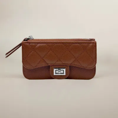 Fashnzfab Quilted Faux Leather Compact Card Holder Keychain Wallet In Brown