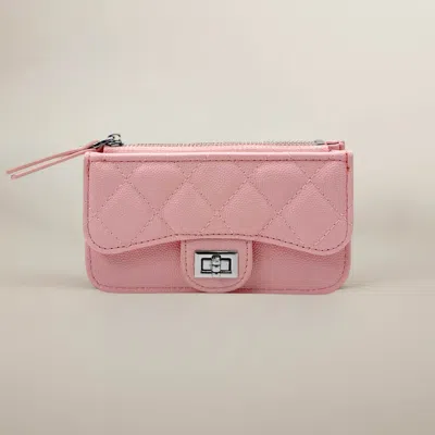 Fashnzfab Quilted Faux Leather Compact Card Holder Keychain Wallet In Pink