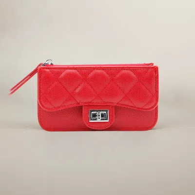 Fashnzfab Quilted Faux Leather Compact Card Holder Keychain Wallet In Red
