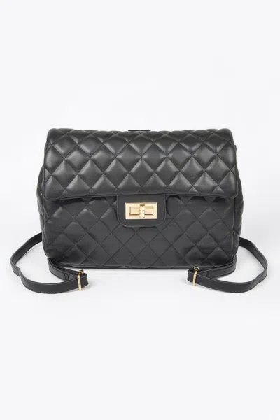 Fashnzfab Quilted Faux Leather Flap Backpack In Black