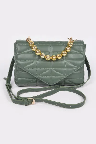Fashnzfab Quilted Faux Leather Flap Ball Chain Bag In Green