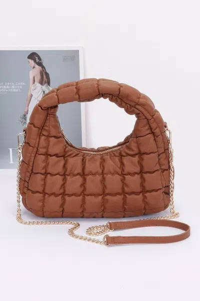 Fashnzfab Quilted Faux Leather Padded Hobo Bag In Brown
