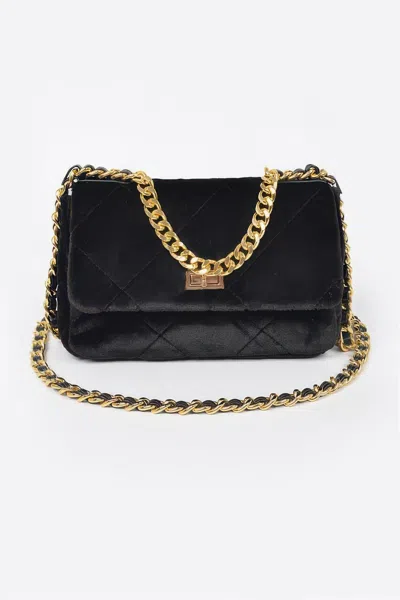 Fashnzfab Quilted Fur Chain Flap Clutch In Black