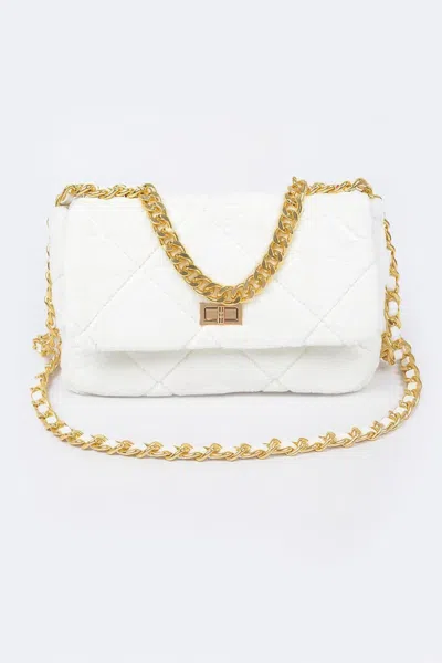 Fashnzfab Quilted Fur Chain Flap Clutch In White