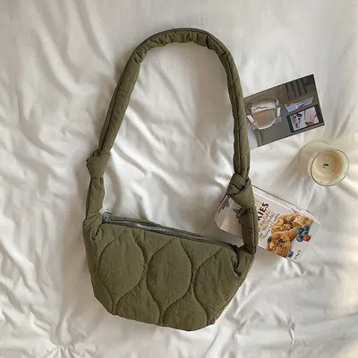 Fashnzfab Quilted Puffer Half Moon Tote / Shoulder Bag In Green