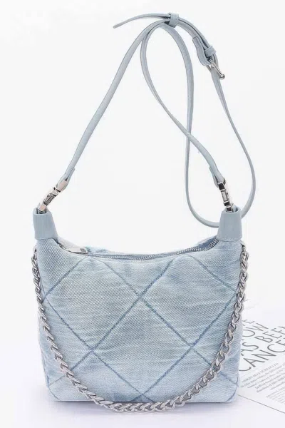 Fashnzfab Quilted Washed Denim Shoulder Chain Crossbody Bag In Blue