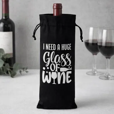 Fashnzfab Quote Message Printed Drawstring Pouch Wine Bottle Gift Bag 6" X 1.4" In Black