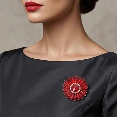 Fashnzfab Radiant Gemstone Flower Pin Brooch In Red