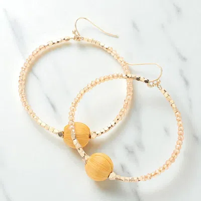 Fashnzfab Raffia Ball Accented Faceted Beaded Open Circle Dangle Earrings In Gold