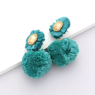 Fashnzfab Raffia Ball Dangle Earrings - Green