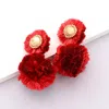 Fashnzfab Raffia Ball Dangle Earrings - Red In Red