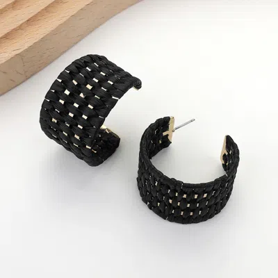 Fashnzfab Raffia Basket Weave Wide Hoop Earrings - Black