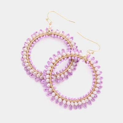 Fashnzfab Raffia Faceted Bead Trimmed Open Circle Dangle Earrings - Lavender In Purple
