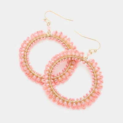 Fashnzfab Raffia Faceted Bead Trimmed Open Circle Dangle Earrings - Pink