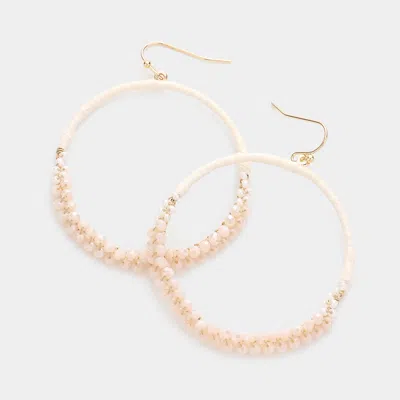 Fashnzfab Raffia Faceted Bead Wrapped Open Metal Circle Dangle Earrings - Ivory In Gold
