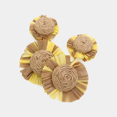 Fashnzfab Raffia Flower Dangle Earrings - Brown, Gold
