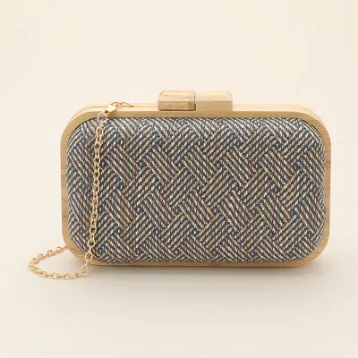 Fashnzfab Raffia Geometric Woven Pattern Wooden Clutch Bag / Crossbody Bag In Blue