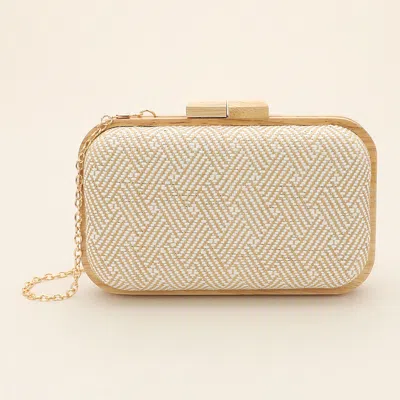 Fashnzfab Raffia Geometric Woven Pattern Wooden Clutch Bag / Crossbody Bag In White
