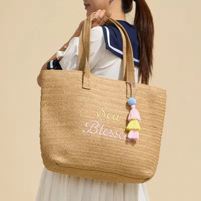 Fashnzfab Raffia Sea Blessed Message Embroidered Summer Tote Bag In Beige