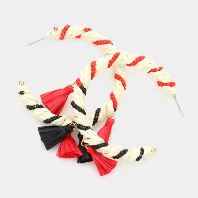 Fashnzfab Raffia Seed Bead Wrapped Tassel Hoop Earrings In Multi