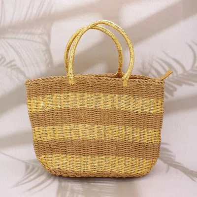 Fashnzfab Raffia Straw Braided Striped Tote Bag / Shoulder Bag In Gold