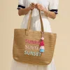 Fashnzfab Raffia Sunrise Suntan Sunset Message Embroidered Summer Tote Bag In Sand