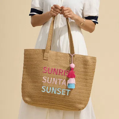 Fashnzfab Raffia Sunrise Suntan Sunset Message Embroidered Summer Tote Bag In Sand