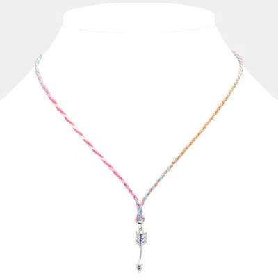 Fashnzfab Raffia Thread Stone Paved Arrow Pendant Necklace In Pink