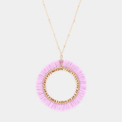 Fashnzfab Raffia Trimmed Open Circle Pendant Long Necklace In Purple