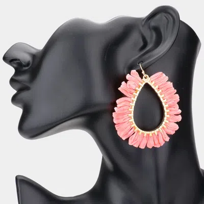 Fashnzfab Raffia Trimmed Open Metal Teardrop Dangle Earrings - Pink In Gold