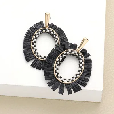 Fashnzfab Raffia Trimmed Open Oval Dangle Earrings In Black