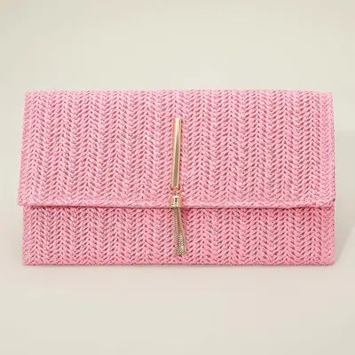 Fashnzfab Raffia Woven Envelope Flat Clutch Crossbody Bag In Pink